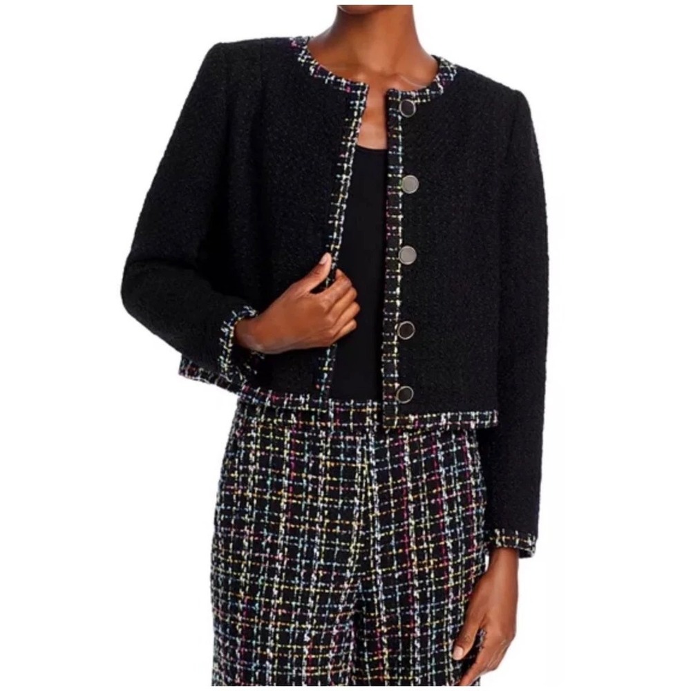 AQUA Black Wool Blend Cropped Tweed Jacket with Rainbow Trim Size Small NWT